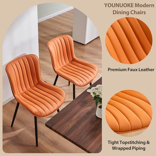 YOUNUOKE Dining Chairs Set of 2 Mid-Century Modern Kitchen Chair Orange | Faux leather upholstered with Back, fits dining living waiting room guest reception. Waterproof easy to clean assemble, 300lb - color: Camel