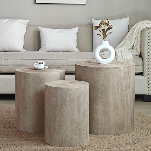 Round Nesting Coffee Table Set of 3, Modern Wood Coffee Tables Accent Circle Side Table for Living Room, Farmhouse, No Assembly, 18.3" + 15.2" + 12.2" (Natural Wood Wash) - color: J-coffee Table Set of 3