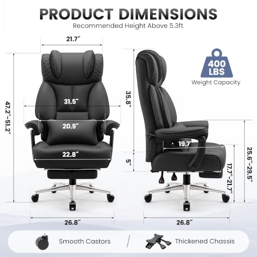 BestGlory Office Desk Chair, Big and Tall Leather Gaming Chair with Footrest, Ergonomic Comfy Executive High-Back Reclining Computer Chairs, Wide Swivel Rolling Wheels and Padded Lumbar Support, Black - color: Black 2.0, style: Freely Reclining