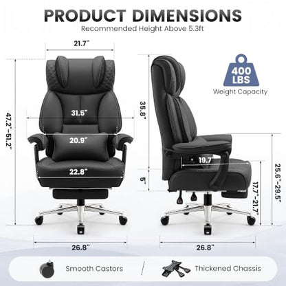 BestGlory Office Desk Chair, Big and Tall Leather Gaming Chair with Footrest, Ergonomic Comfy Executive High-Back Reclining Computer Chairs, Wide Swivel Rolling Wheels and Padded Lumbar Support, Black - color: Black 2.0, style: Freely Reclining