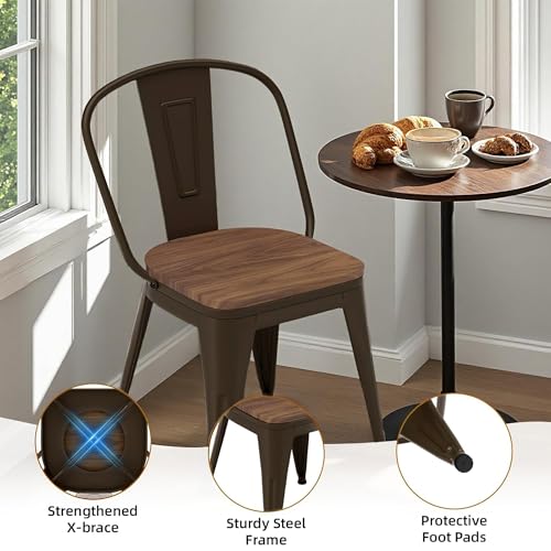 18 Inch Dining Chairs Set of 4, Farmhouse Metal Chairs with High Back and Wooden Seat, Stackable Industrial Bar stools for Dining Room(Rusty) - color: Rusty