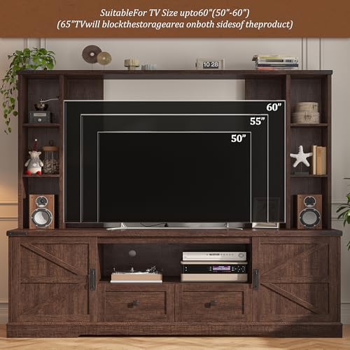 EnHomee Farmhouse Entertainment Center for 60" TV with LED & Power Outlets | Tall TV Console Wood TV Stand with Storage Shelves,Bookshelf for Living Room, Bedroom, Brown - color: Rustic Brown
