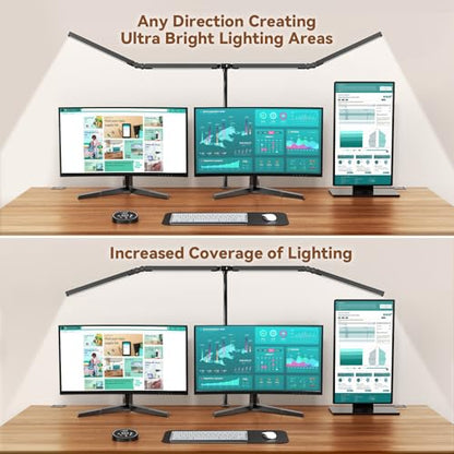 Led Desk Lamps for Home Office - Eye Caring Architect Lamp with Clamp, Double Head Computer Monitor Work Desk Light with Remote Control: 24W Flexible Dimmable Desktop Table Lamp - color: Dark Black