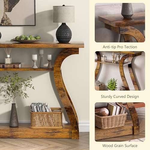 Wood Console Table, 3-Tier Accent Sofa Table (Rustic Brown) | 47" Entry Table with Curved Legs, 3-tier Shelf Modern Accent Sofa Table for Entrance Area, Living room, Hallway - color: Rustic Brown