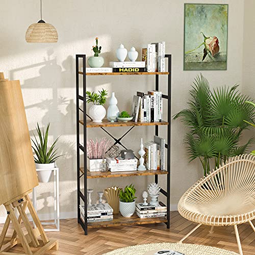 NUMENN 4 Tier Bookshelf, Tall Freestanding Open Storage Bookcase, Vintage | Storage Organizer with Metal Frame & Wood Shelves, Support Bars & Adjustable Feet for Bedroom, Living Room & Home Office - color: Vintage, size: 4 Tier