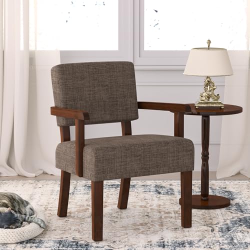 Accent Chair, Armchair with Solid Wood Frame and Legs, Brown | Upholstered Living Room Chair, Comfy Reading Chair for Bedroom, Waiting Room, Home Office, Easy Assembly - color: Linen Brown, size: One Chair