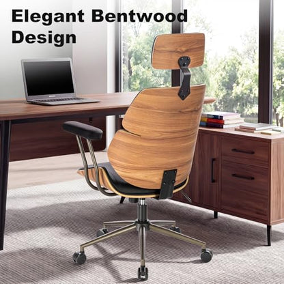 Mid Century Walnut PU Leather High Back Office Chair with Headrest, Black | Curved walnut back & seat, high-back with headrest, PU leather, padded armrests, executive swivel & rolling for home office - color: Black, size: 2-Section Back / Headrest