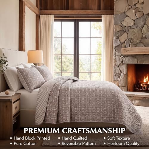 Block Print Reversible Cozy Quilt Taupe Twin 60" X 90" Lightweight Blanket for Sofa, Couch, Bed Soft Breathable Comforter Handmade Bedspread Duvet for Farmhouse, Home, Winter - color: Taupe, size: Twin 60" X 90"