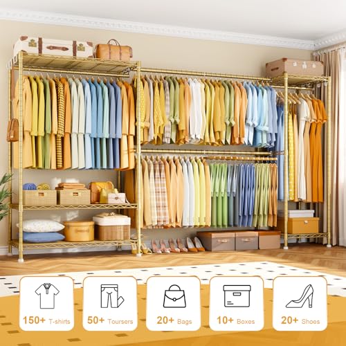 Heavy-Duty Clothing Rack Closet Storage System for Hanging Clothes | E17 Garment Racks with Expandable Hanging Rods, Metal Clothing Storage Organizer (78-102.7)”W x 15.7”D x 76.6”H, Gold - color: Gold