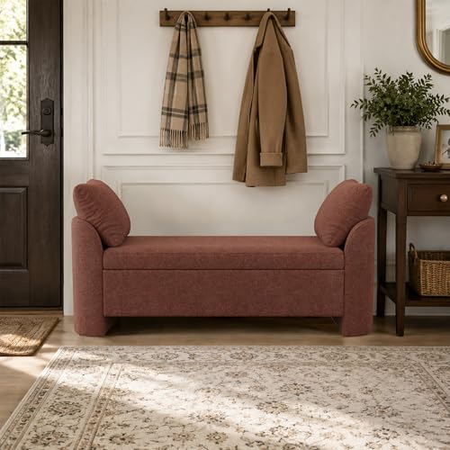 Usaint 58.3" Upholstered Storage Ottoman Bench with 2 Pillows, Rusty Red | End of Bed Bench with Curved Arms and Thickened Seat Cushion for Bedroom, Livingroom, Window, Entryway and Dressing Areas - color: Rusty Red