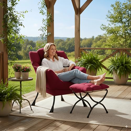 Lazy Chair with Ottoman, Comfy Accent Reading Chair, Burgundy | Foldable Footrest,Removable Cover,with Armrests and Side Pockets,Upholstered Lounge Chair for Bedroom,Dorm,Office,Small Space - color: Burgundy