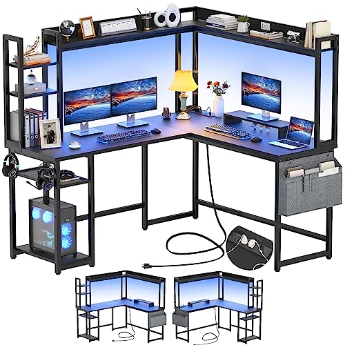 Aheaplus 57 Inch L Shaped Gaming Desk with Power Outlet & LED Lights, Black | Reversible Corner Computer PC Desk with Hutch, Monitor Stand, Storage Shelf & Storage Bag for Home Office, Writing Desk - color: Black