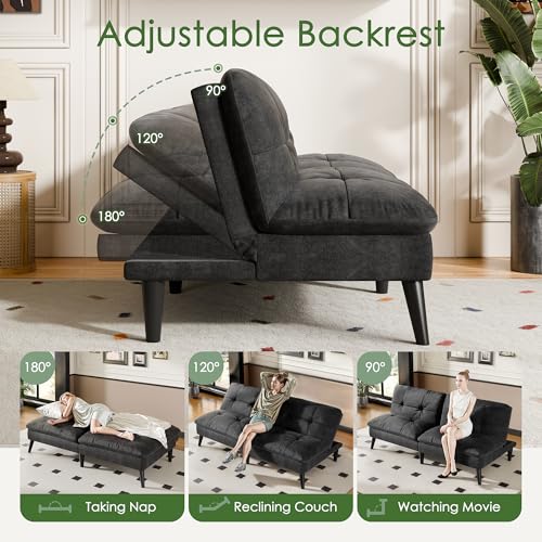 Vongrasig Futon Sofa Bed Velvet Futon Couch with Adjustable Backrest, Small Convertible Folding Sleeper Sofa Bed, Modern Loveseat for Living Room, Bedroom and Small Space, Black - color: Black