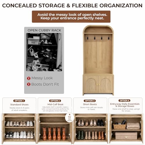 Narrow Entryway Hall Tree with Storage Bench, Modern Fluted Coat Rack and 2-Door Shoe Cabinet for Small Spaces, Arched Mudroom Organizer to Hide Clutter, Natural
