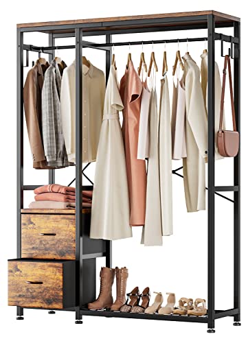 Clothes Rack with 2 Rods, Shelves, Drawers & Hooks, Garment Rack | Clothes rack with 2 hanging rods (50lbs each), 2 shelves, 2 fabric drawers & 4 hooks. 300lb total capacity. Fits small spaces - color: Rustic Brown