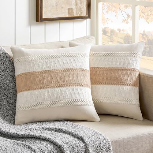 2 Pack Boho Throw Pillow Covers, Contrast Beige 20x20in | Soft Breathable Cotton, Farmhouse Decorative Couch Pillow Cases, Cushion Covers for Sofa Bed Living Room Home Decor - color: Contrast/Beige, size: 20" x 20" (Pack of 2)