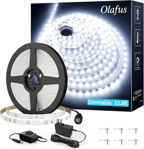 Olafus White LED Strip Lights, 32.8ft Dimmable Vanity Light, 6000K Daylight White LED Tape Lights with UL Listed Adapter, 12V 600 LEDs for Bedroom Kitchen TV Mirror Stair - color: Daylight White, size: 32.8ft