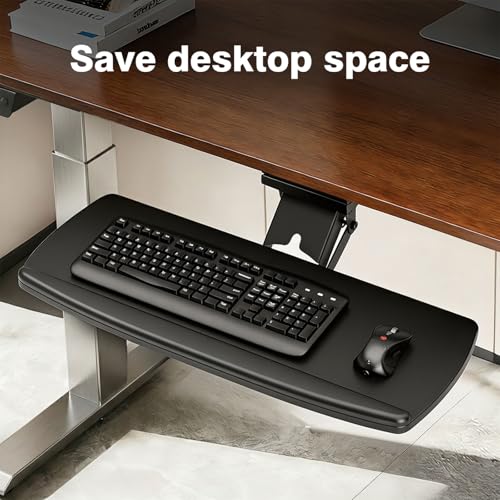 Keyboard Tray Under Desk with Storage Drawer, Height Adjustable Keyboard Tray Slide Out 360° Swivel Tilt, Ergonomic Under Desk Mount Keyboard & Mouse Holder for Gaming Home Office, Black - size: 25” Length