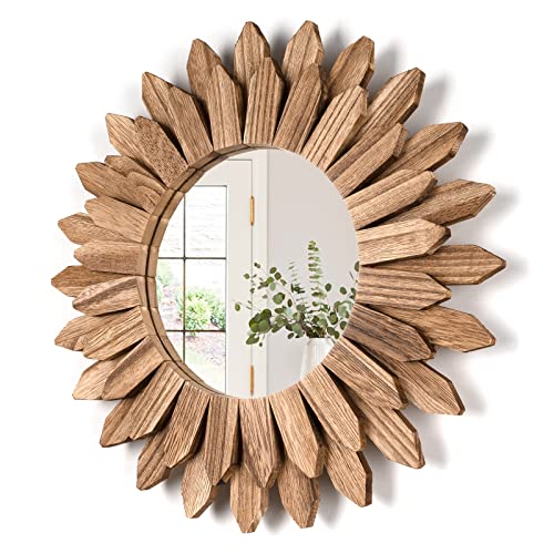 Wall Mirror Decorative 12 inch Rustic Wood Mirror Sunburst Boho Mirror for Entryway Bedroom Living Room Bathroom House Warming Gifts New Home Essential Carbonized Black - color: Carbonized Black, size: 12 inch (1 pack)