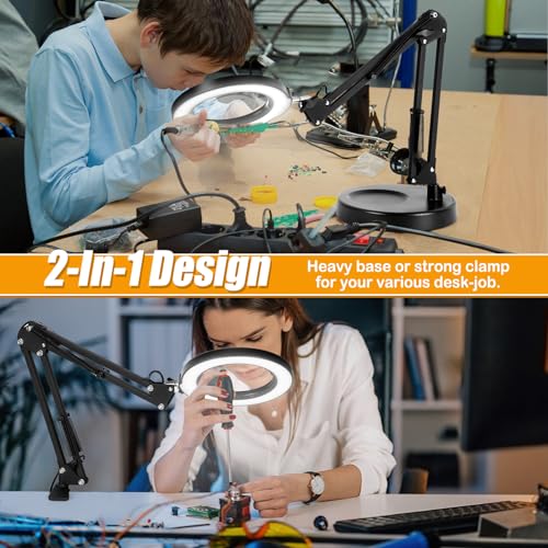 Real Glass 12X Magnifying Glass with Light and Stand (No Acrylic Lens), 2-in-1 Lighted Magnifier with Clamp, 5 Color Modes Dimmable LED Desk Lamp Hands Free for Painting Craft Sewing Hobby Close Work - color: Black
