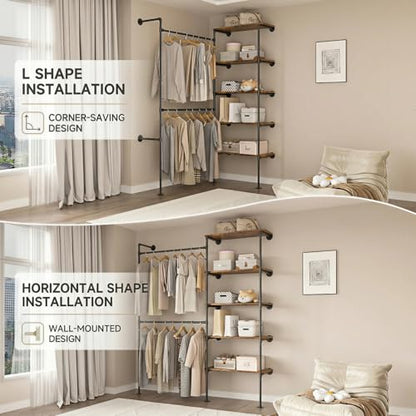 Expandable Industrial Pipe Clothes Rack,Corner Garment Rack | 2 Adjustable Rods& 5 Shelves, Heavy-Duty Iron Pipe Frame, Fits Bedroom & Laundry Room, Expands 48.4"–67.3"