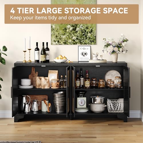 Rattan Sideboard Cabinet, 4-Door Buffet Storage for Entryway Living Room | Adjustable shelves and compartments organize shoes, decor, tableware, and essentials for apartments, homes, & family spaces.