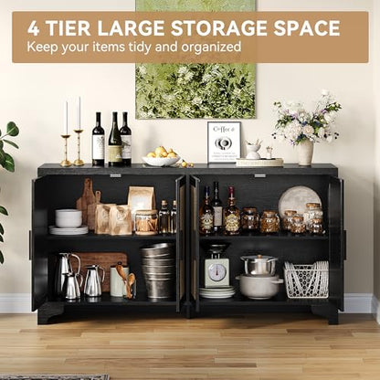 Rattan Sideboard Cabinet, 4-Door Buffet Storage for Entryway Living Room | Adjustable shelves and compartments organize shoes, decor, tableware, and essentials for apartments, homes, & family spaces.