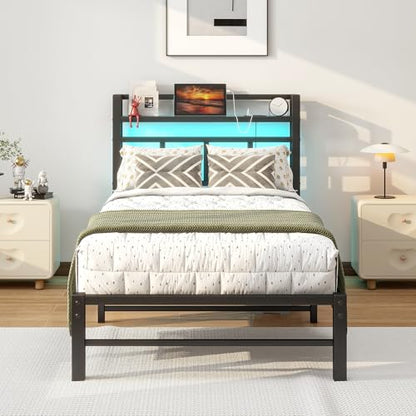 Twin Bed Frame with Headboard,Single Bed Frame with Charging Station and LED Lights,Metal Platform Bed Twin Sizes,No Box Spring Needed,Easy Assembly,Black (Black, Twin) - size: Twin, style: Modern Twin