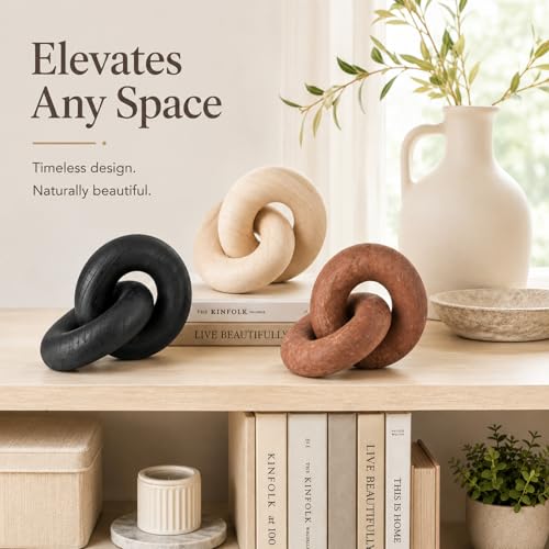 Novabright 3 Pcs Wood Knot Decor, Chain Link Decor, Rustic Home Décor Accents for Coffee Table, Modern Farmhouse Decorative Objects for Bookshelf, Entryway & Mantle, Natural, Black, Brown