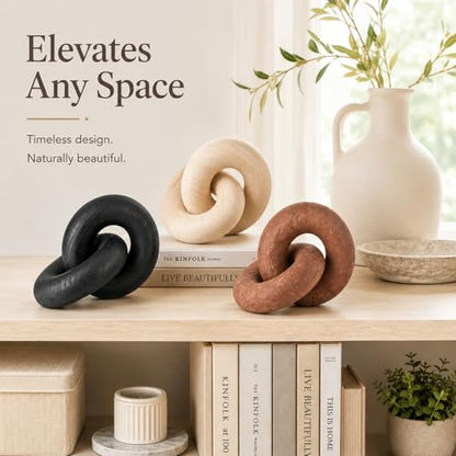 Novabright 3 Pcs Wood Knot Decor, Chain Link Decor, Rustic Home Décor Accents for Coffee Table, Modern Farmhouse Decorative Objects for Bookshelf, Entryway & Mantle, Natural, Black, Brown