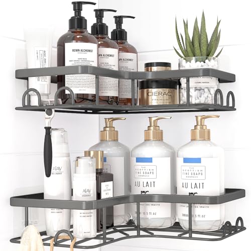 Sakugi Corner Shower Caddy - 2 Pack, Adhesive Shower Organizers, Rustproof Stainless Steel Shower Shelves with 8 Hooks, No Drilling Bathroom Organizers and Storage Racks, Space-Saving, Grey, Medium - color: Grey, size: Medium