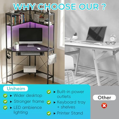 Corner Desk with Hutch and LED Light, Keyboard Tray, Carbon Black - color: Carbon Black