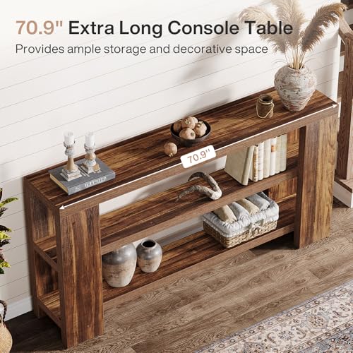 Tribesigns 70.9-Inch Extra Long Console Table with Storage, Narrow Wooden Sofa Table Behind The Couch, Farmhouse 3-Tier Entry Foyer Table for Entryway, Living Room, Hallway, Brown - color: Brown