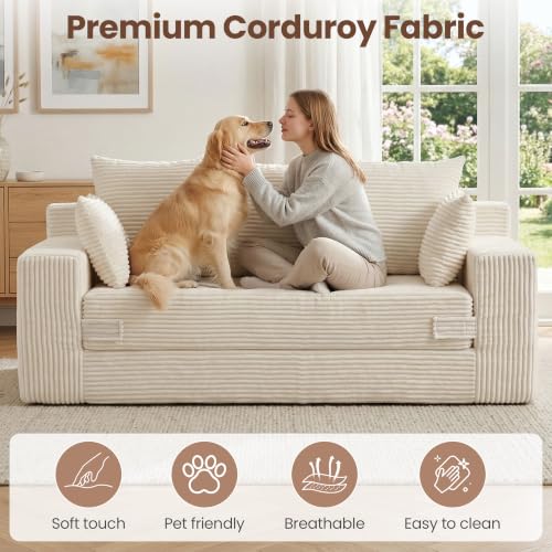 Boneless Couches 70 inch: 3-in-1 Convertible Sofa Bed Futon Couch Bed, Oversized Loveseat Sleeper Sofa with 5 Pillows, Beige Couch for Living Room, Bedroom & Small Space - color: Beige, size: 70 Inch