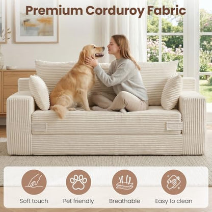 Boneless Couches 70 inch: 3-in-1 Convertible Sofa Bed Futon Couch Bed, Oversized Loveseat Sleeper Sofa with 5 Pillows, Beige Couch for Living Room, Bedroom & Small Space - color: Beige, size: 70 Inch