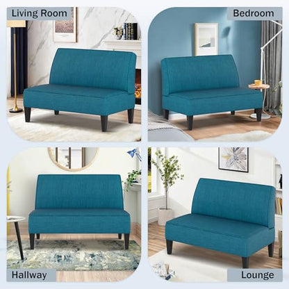 Small Loveseat, Blue Mini Sofa Couch Accent Upholstered Bench with Back Living Room Bedroom Office Armless Love Seat Settee - color: Blue
