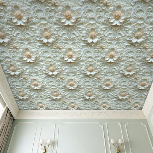 Livelynine Luxury Gold and White Floral 3D Wallpaper Peel and Stick Accent Wall Cover Self Adhesive Ceiling Wallpaper Beige Cream 3D Floral Contact Paper Decorative Wall Panels for Bathroom 17.5x78.8 - size: 17.5" x 78.8"