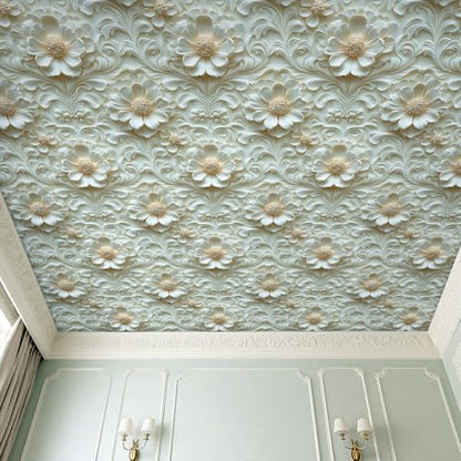 Livelynine Luxury Gold and White Floral 3D Wallpaper Peel and Stick Accent Wall Cover Self Adhesive Ceiling Wallpaper Beige Cream 3D Floral Contact Paper Decorative Wall Panels for Bathroom 17.5x78.8 - size: 17.5" x 78.8"
