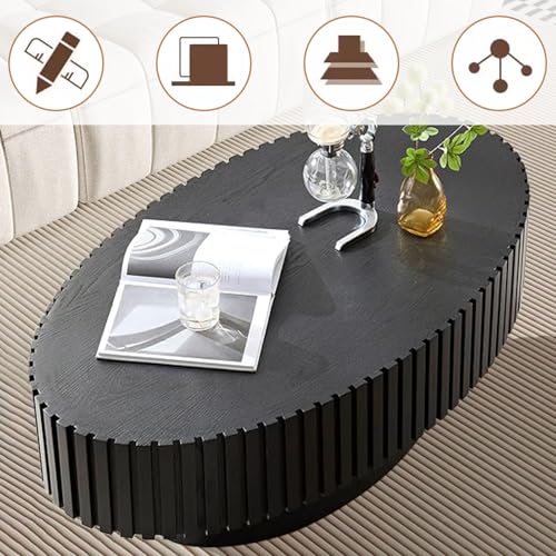 Oval Fluted Drum Coffee Table with Pedestal Base | 43.3'' Modern Black Wooden Drum Center Table, Handcrafted Solid Wood Fluted Edge, For Living Room & Apartment - color: Oval Black
