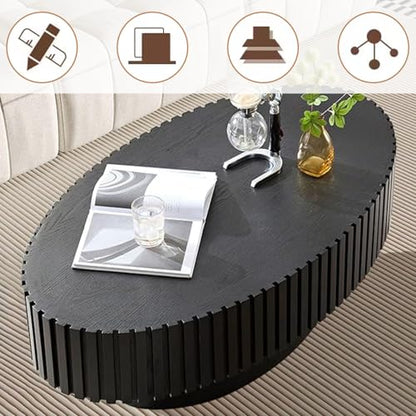 Oval Fluted Drum Coffee Table with Pedestal Base | 43.3'' Modern Black Wooden Drum Center Table, Handcrafted Solid Wood Fluted Edge, For Living Room & Apartment - color: Oval Black
