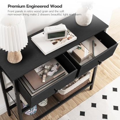 HOOBRO 29.5" Narrow Console Table with 2 Fabric Drawers, Sofa Table, Small Entryway Table with 3-Tier Storage Shelves, Behind Couch Table, for Living Room, Hallway, Black BB72XG01 - color: Black