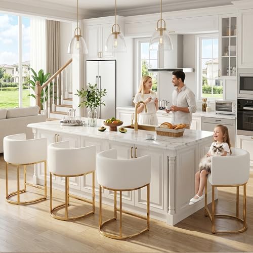 HNY Modern Barrel Counter Height Gold Clearance Bar Stools Set of 2, 24 Inch Kitchen Bar Stools with Back, PU Leather Barstools Bar Height for Island with Golden Metal Tubular Frame, White - color: 24inch ,White,gold Base