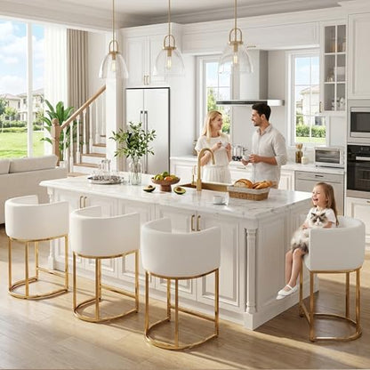 HNY Modern Barrel Counter Height Gold Clearance Bar Stools Set of 2, 24 Inch Kitchen Bar Stools with Back, PU Leather Barstools Bar Height for Island with Golden Metal Tubular Frame, White - color: 24inch ,White,gold Base