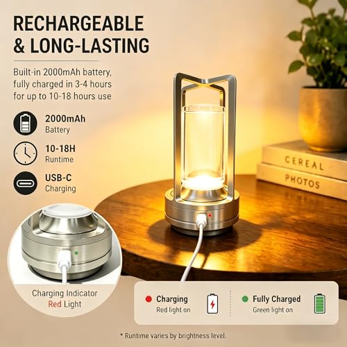 Rechargeable Crystal Table Lamp, 3-Color Touch LED, Silver | Silver metal crystal lantern, 3-color touch dimming, USB-C rechargeable, compact 7.1 in accent light for patio table - style: silvery-1