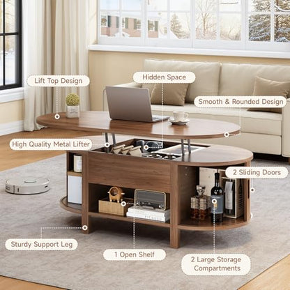 43.3" Oval Lift Top Fluted Coffee Table with Sliding Door, Walnut | Mid-Century Modern Fluted Coffee Table with Lift Tabletop & Multi-Storage Spaces, Dining Table for Living Room, Home Office - color: Walnut