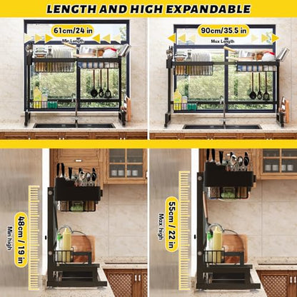 ilvvan Over Sink Dish Drying Rack (Expandable Height/Length) Snap-On Design Large Dish Drainer Storage Counter Organizer 24" - 35.5"(L) x 12"(W) x 19" - 22"(H) - size: 24" - 35.5"(L) x 12"(W) x 19" - 22"(H)