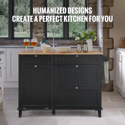 VEVOR Kitchen Island Cart, 50" Wood Top Breakfast Bar with Trash Cabinet Tilt Out 10 Gallon Storage, Farmhouse Dining Living Room Table with Drop Leaf, Towel Bar, Drawer, Black - color: Black