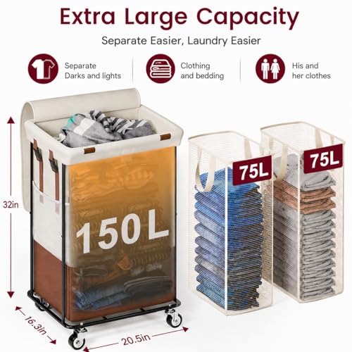 Double Laundry Hamper with Lid, Rolling Laundry Basket with Wheels and 2 Removable 75L Bags, 2 Section Large Capacity for Laundry Bedroom Bathroom Dorm, Easy Move & Organize,150L White - color: White