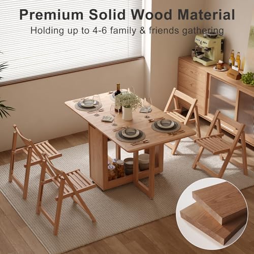 AnywaysWood Folding Dining Table with 4 Foldable Chairs Set, Space Saving Extendable Solid Wood Drop Leaf Table for Kitchen Dining Living Room Small Spaces Easy Assembly (55.12"×31.5"×30") - size: 1 table4Chairs log wood