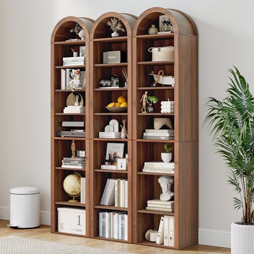 Turtle&Myrtle Tall Narrow Arched Bookshelf, Walnut, 70 x 15.75 inch | Skinny Arch Book Shelf, Slim Open Display Shelves for Small Space, Tall Thin Bookshelf with Adjustable Shelves - color: Walnut, size: 11.8"D x 15.75"W x 71"H